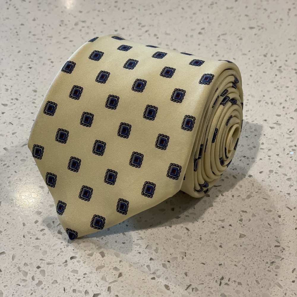 Christian Dior Tie 100% Silk Made in USA Cream Square Pattern